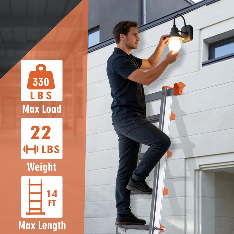 DIAMONDFORGE 14FT Telescoping A-Frame Ladder with Stabilizer Bar, 4-Step Aluminum Folding Extension Ladder, Compact & Space-Saving for Household or Outdoor Work, 330 lbs Load, Orange - Image 4