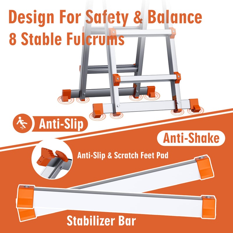 DIAMONDFORGE 14FT Telescoping A-Frame Ladder with Stabilizer Bar, 4-Step Aluminum Folding Extension Ladder, Compact & Space-Saving for Household or Outdoor Work, 330 lbs Load, Orange - Image 5