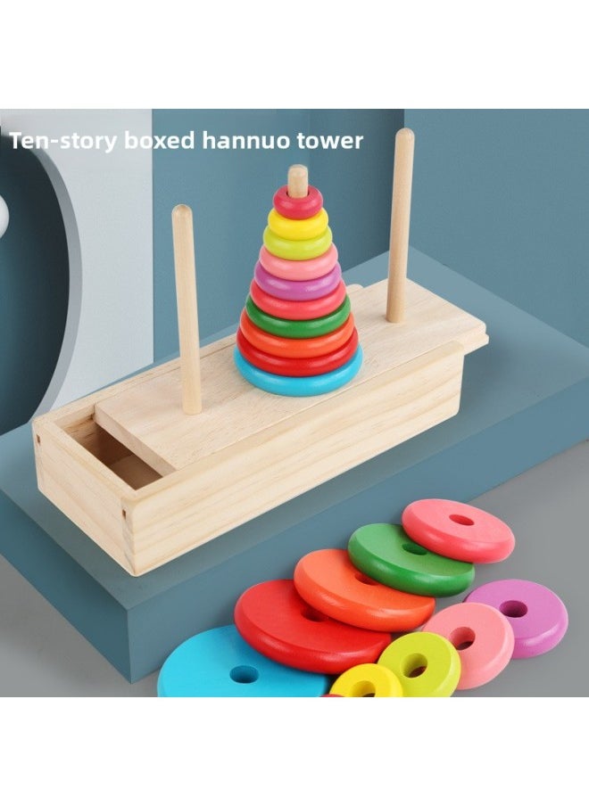 Hanoi Tower Ten-layer Wooden Box Storage Children's Intelligence Eight-layer Primary School Students' Logical Thinking Customs Hanoi Tower-Color:Wooden Box Tower Of Hanoi Eight Layers-color Box