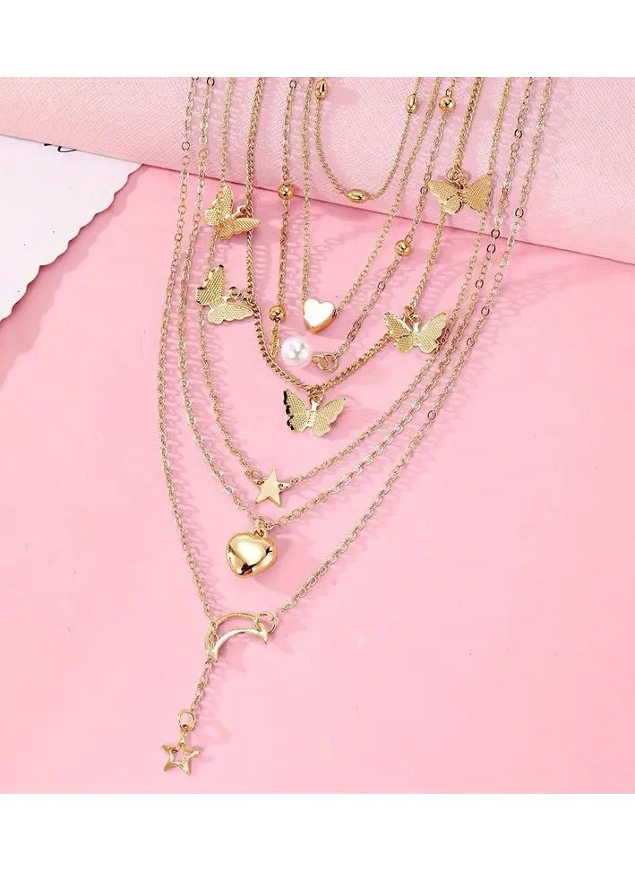 Goolsky 6pcs Vintage Elegant Butterfly Heart Pendant Necklace Set, Fashionable Temperament Imitation Pearl Star Moon Y-Chain Charm Layered Necklaces for Women, Daily Party Banquet Celebration Trendy Jewelry Gift, Butterfly Jewelry  - Image 1