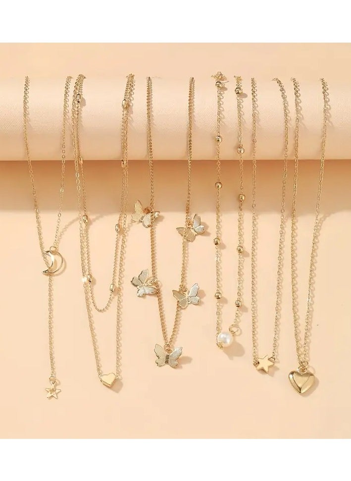 Goolsky 6pcs Vintage Elegant Butterfly Heart Pendant Necklace Set, Fashionable Temperament Imitation Pearl Star Moon Y-Chain Charm Layered Necklaces for Women, Daily Party Banquet Celebration Trendy Jewelry Gift, Butterfly Jewelry  - Image 3