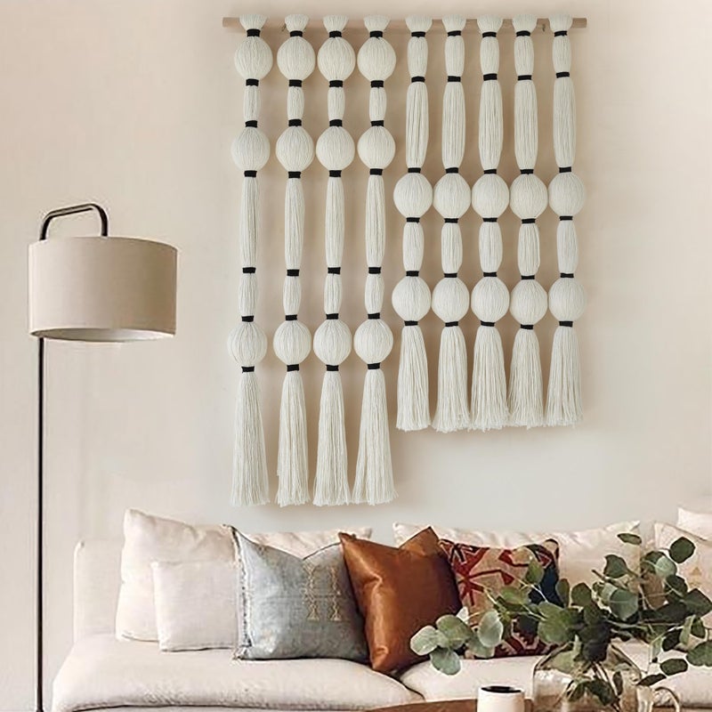 Flber Fiber Macrame Wall Hanging Boho Ball Wall Art Bohemian for Living Room Bedroom White - Image 3