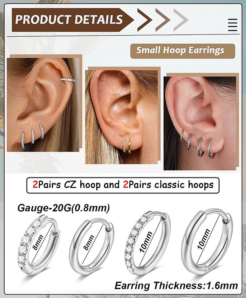 AMASIS Flat Back Stud Earring and Small Hoops Earrings Sets for Women Men,Surgical Steel Earrings for Sensitive Ears Hinge Huggie Hoop Earrings Pearl/Cubic Zirconia Stud Earring for Cartilage, Helix, Tragus, Sung, Earlobe Lightweight Hypoallergenic Earrings(10 Pairs-Silver ) - Image 2