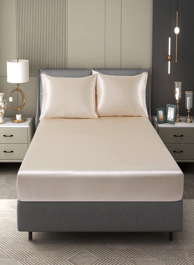 Counfeisly King Size Satin Fitted Sheet, Silky and Breathable Luxury Deep Pockets Fitted Sheet Only, Champagne - Image 1