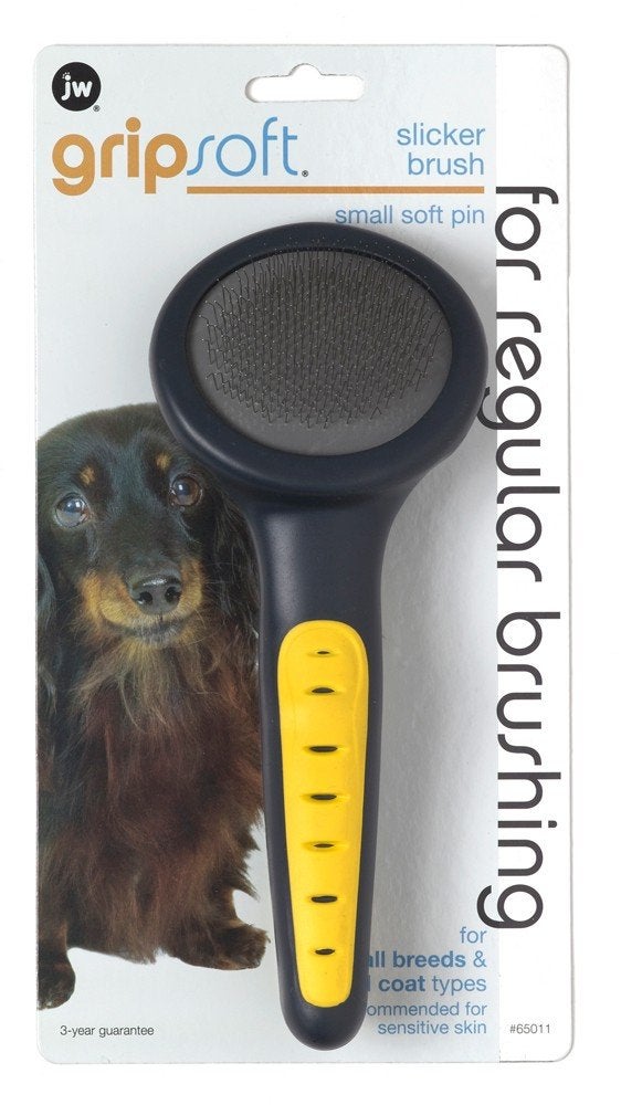 JW Pet Gripsoft Dog Soft Pin Slicker Brush with Non-Slip Rubber Grip (Angled Stainless Steel Tines) Small - Image 1