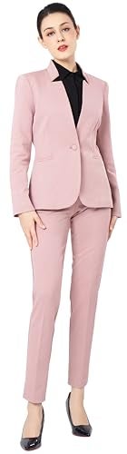 Marycrafts Women's Professional Stand Up Collar Blazer Pant Suits 2 Piece Set Business 4 Pink - Image 3