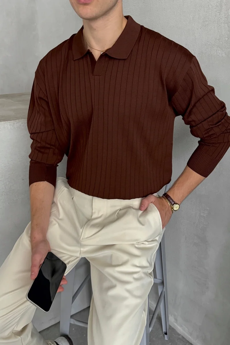 HYMAN Men's Polo Collar Ribbed Oversize Knitwear Sweater