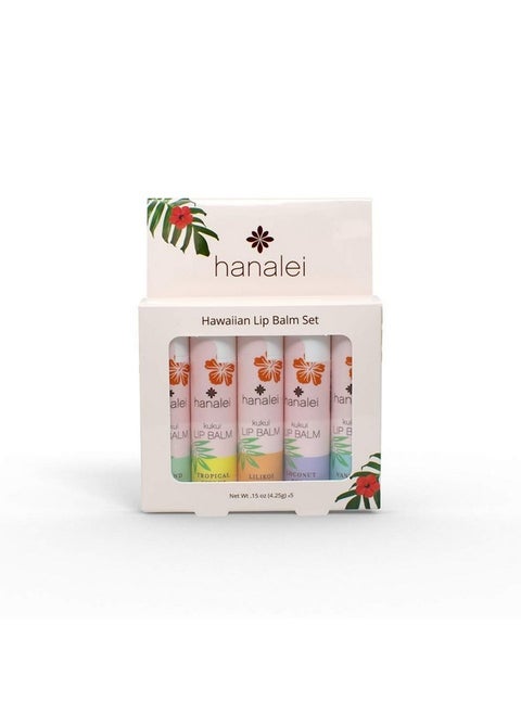Lip Balm and Moisturizer Set: 5 pack of Natural Hawaiian Kukui Oil and Beeswax Lip Balm to Replenish and Repair Dry Chapped Lips Tropical Citrus Island Mint Vanilla, Lilikoi and Coconut Pear