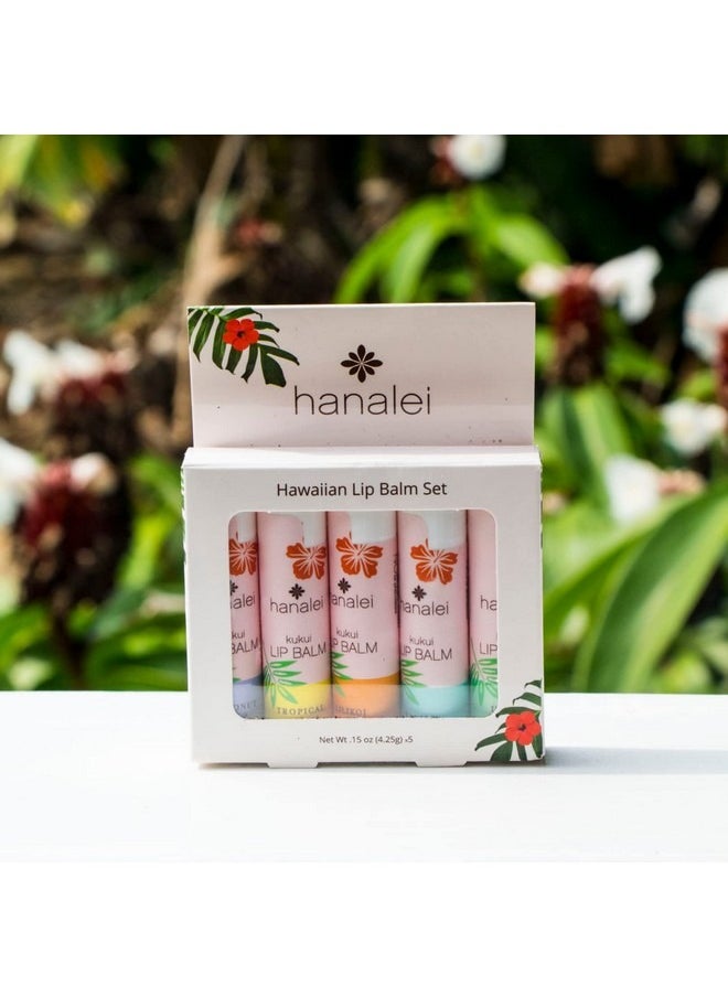 Lip Balm and Moisturizer Set: 5 pack of Natural Hawaiian Kukui Oil and Beeswax Lip Balm to Replenish and Repair Dry Chapped Lips Tropical Citrus Island Mint Vanilla, Lilikoi and Coconut Pear