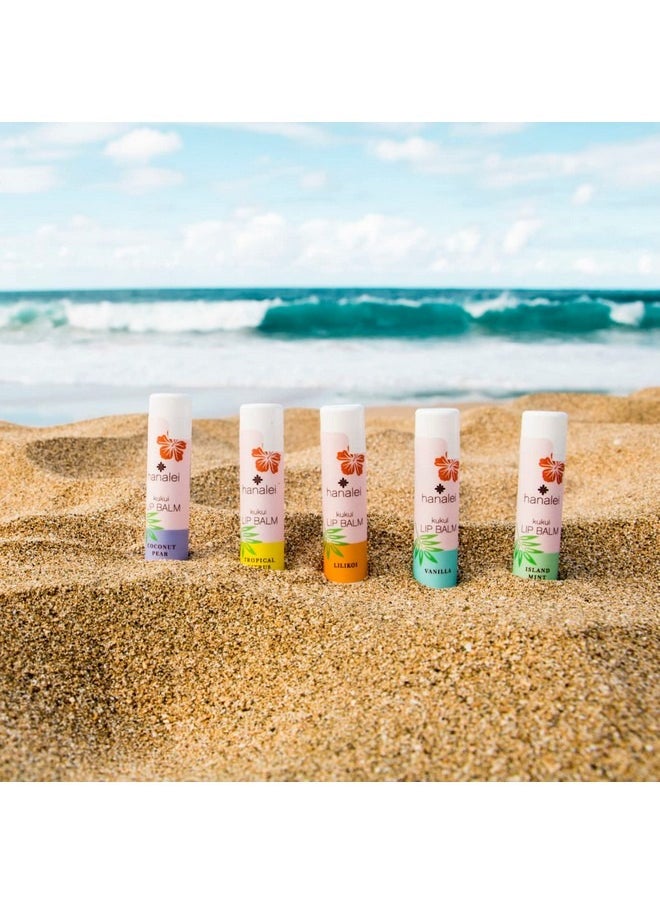 Lip Balm and Moisturizer Set: 5 pack of Natural Hawaiian Kukui Oil and Beeswax Lip Balm to Replenish and Repair Dry Chapped Lips Tropical Citrus Island Mint Vanilla, Lilikoi and Coconut Pear