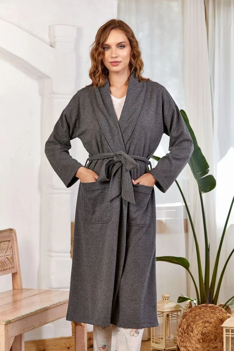 كوسي باي اكوا 24004 Women's Long Sleeve Shawl Collar Pocket Dressing Gown-Anthracite