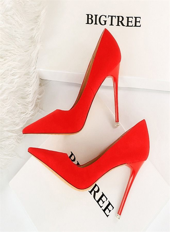 BIGTREE Suede Shallow Pointed High Heels 10.5CM Red - Image 1