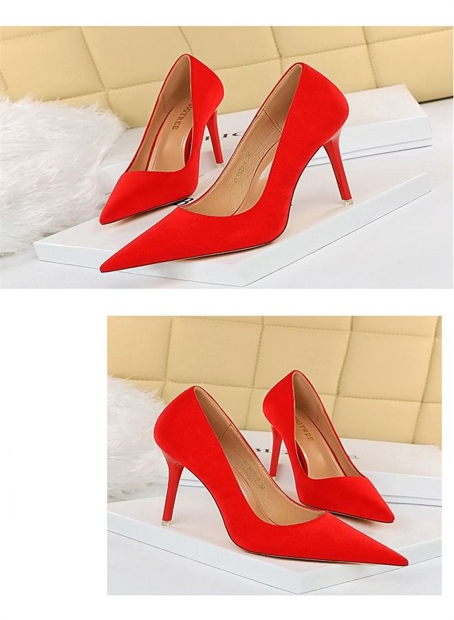 BIGTREE Suede Shallow Pointed High Heels 10.5CM Red - Image 2