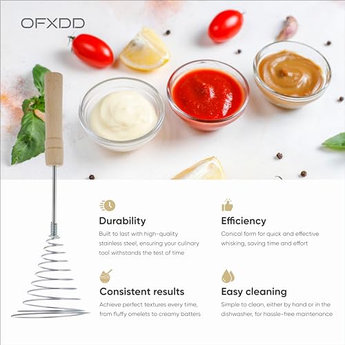 OFXDD Stainless Steel Spring Coil Whisk 1 Pcs - Wire Whip Egg Whisk with Wooden Long Handle - Heavy Duty Whisks for Cooking - Image 3