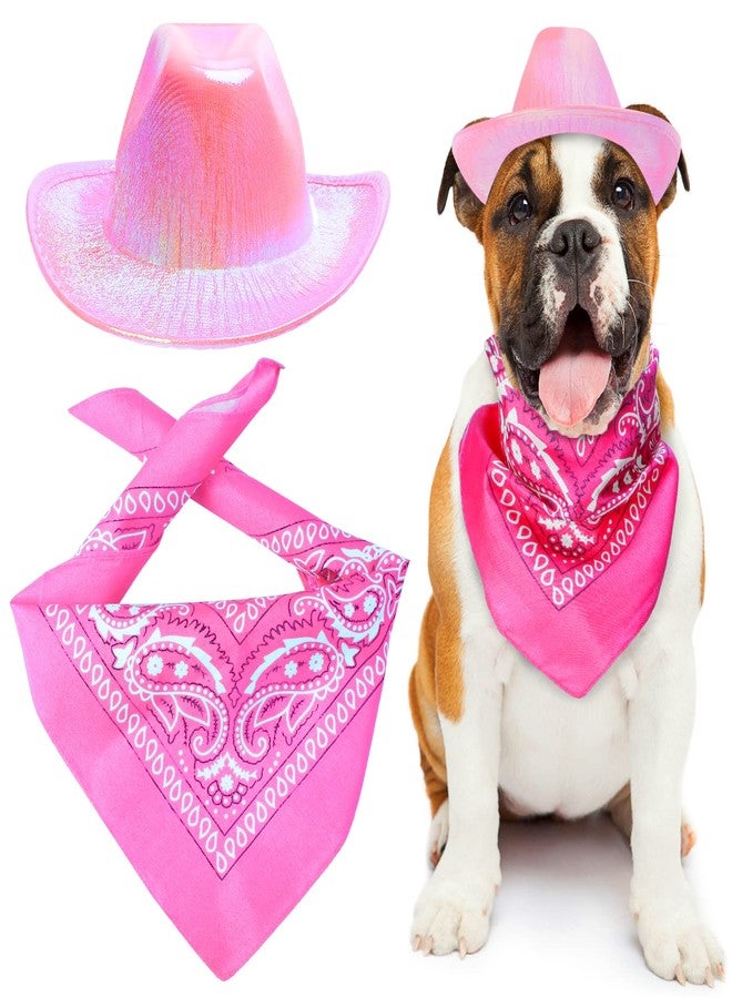 Yewong Pet Neon Sparkly Glitter Space Cowboy Hat Costume Set Dog Cat Metallic Space Shiny Cowboy Hats with Paisley Bandana West Cowboy Accessories for Pets (Metallic Pink) One Size - Image 1