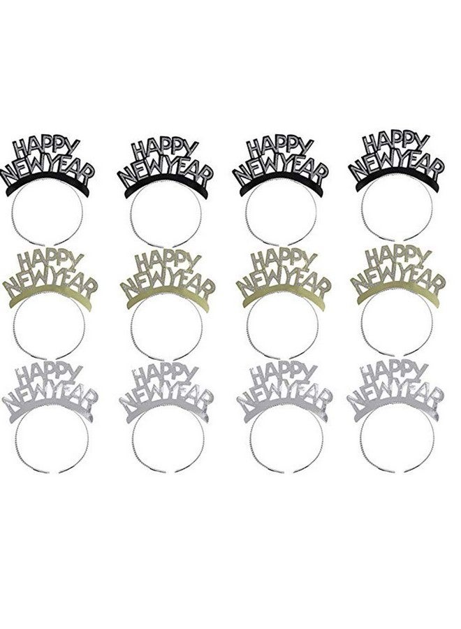 سوتشات عصابة رأس "عام جديد سعيد" من سوتشات، تاج، لوازم حفلات رأس السنة الجديدة، ذهبي وفضي وأسود، 12 قطعة - Image 1