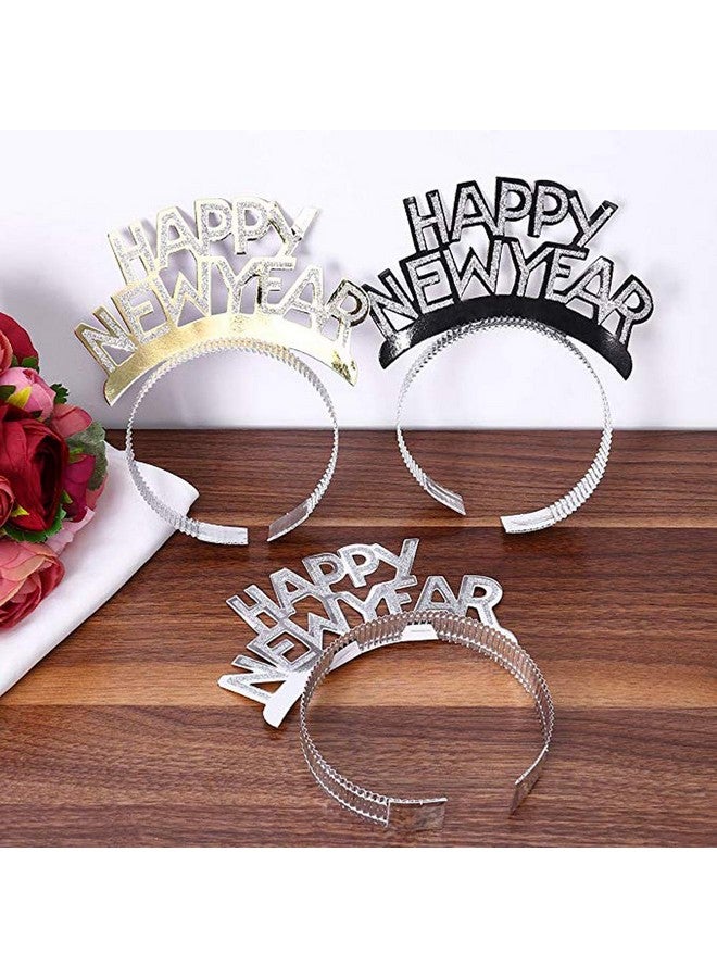 سوتشات عصابة رأس "عام جديد سعيد" من سوتشات، تاج، لوازم حفلات رأس السنة الجديدة، ذهبي وفضي وأسود، 12 قطعة - Image 3