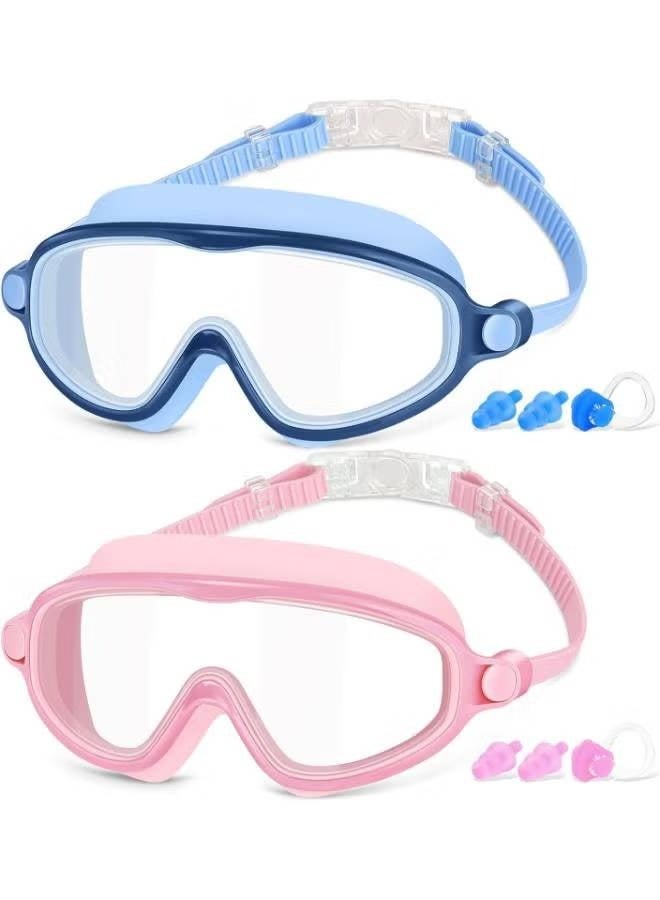 Kids Swimming Goggles Set with Earplugs, Panoramic Anti-Fog, Pink & Blue Dual Pack - Image 3