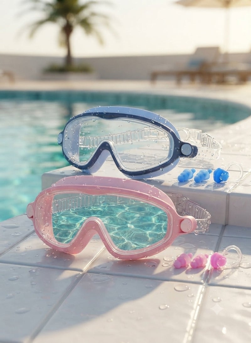 Kids Swimming Goggles Set with Earplugs, Panoramic Anti-Fog, Pink & Blue Dual Pack - Image 1