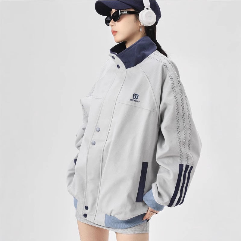 American Style Retro Letter Embroidered Stitching Collar Jacket Women'S Spring Sports Style Casual Couple'S Single Breasted Jacket Trendy - Image 2