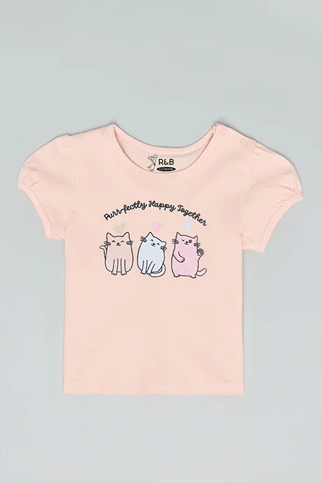 أر أند بي Printed Top with Crew Neck and Puff Sleeves