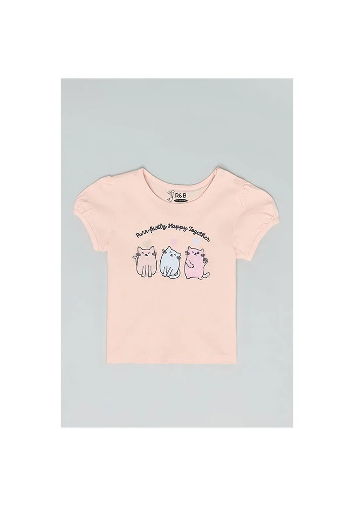 أر أند بي Printed Top with Crew Neck and Puff Sleeves