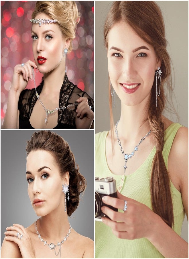 تونديامو طقم مجوهرات تونديمو مكون من 12 قطعة، قلادة بتصميم Y2k، يتضمن أقراطًا متدلية غير منتظمة الشكل، وخواتم فضية متدلية، وإكسسوارات من حجر القمر والنجمة، بالإضافة إلى مجوهرات كريستالية جمالية، وخواتم إندي بانك قابلة للتعديل للنساء. - Image 3