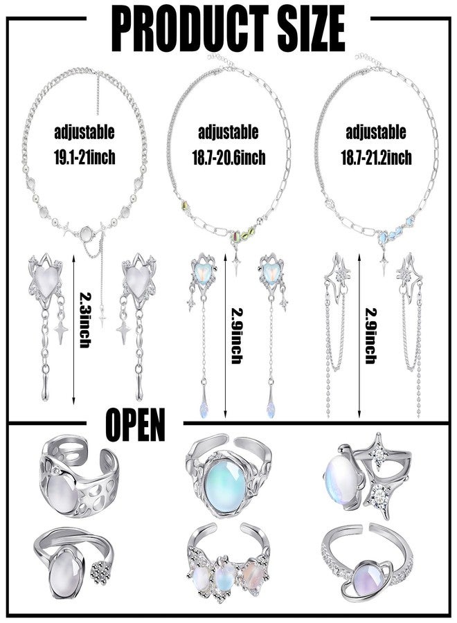 تونديامو طقم مجوهرات تونديمو مكون من 12 قطعة، قلادة بتصميم Y2k، يتضمن أقراطًا متدلية غير منتظمة الشكل، وخواتم فضية متدلية، وإكسسوارات من حجر القمر والنجمة، بالإضافة إلى مجوهرات كريستالية جمالية، وخواتم إندي بانك قابلة للتعديل للنساء. - Image 2