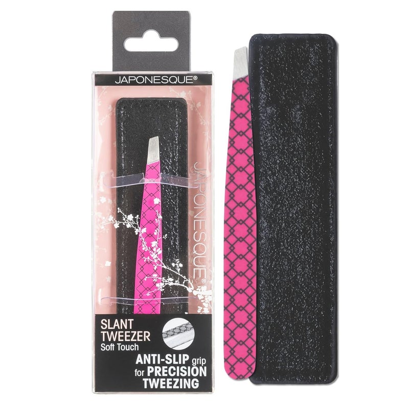 JAPONESQUE Soft Touch Slant Tweezer with Precision Crafted, Hand Sharpened Tips for Shaping and Defining Brows, Includes Protective Storage Pouch