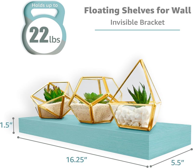 Sorbus Floating Shelves for Wall – 16 Inch Floating Shelf for Kitchen, Bedroom, Living Room, Bathroom, Home & Wall Decor - Mounted Bathroom Shelves with Invisible Brackets (Breezy Blue, 3 Pack) - Image 3