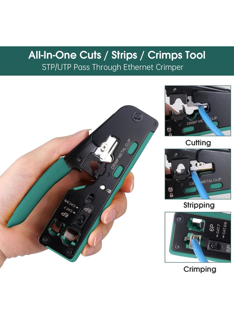 TP-BRIDGE All-in-One Ethernet Crimping Tool | RJ45 Pass Through Crimper, Cutter & Stripper | STP/UTP Cat5e Cat6 Cat7 Network Cable Tool - Image 1