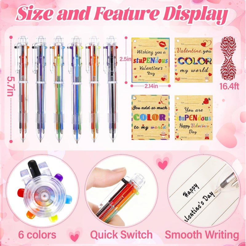 TOHONGADON 24 Set Valentine's Day Pens for Kids, Wooden Valentine Tags and Ballpoint Pen, 0.7mm 6-in-1 Retractable Multicolor Ballpoint Pens with Greeting Cards for Valentine Party School Classroom - Image 2