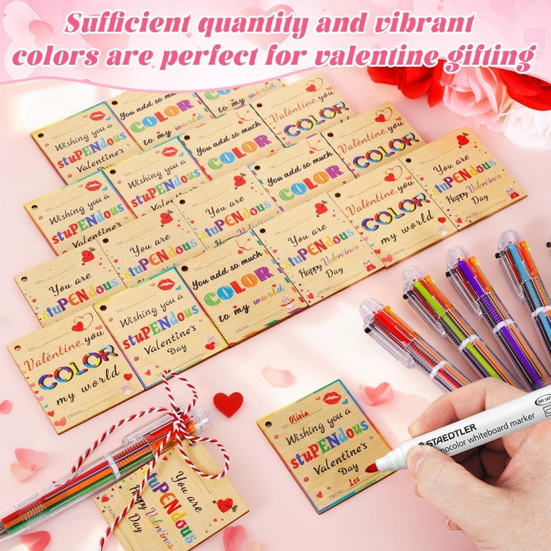 TOHONGADON 24 Set Valentine's Day Pens for Kids, Wooden Valentine Tags and Ballpoint Pen, 0.7mm 6-in-1 Retractable Multicolor Ballpoint Pens with Greeting Cards for Valentine Party School Classroom - Image 5