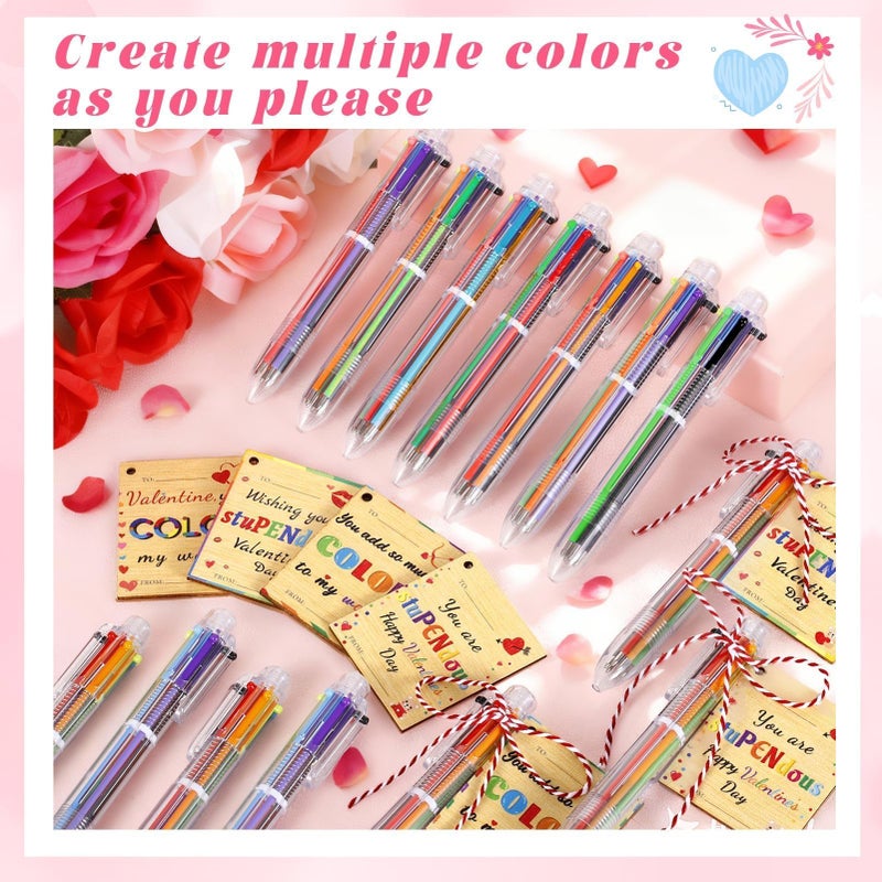 TOHONGADON 24 Set Valentine's Day Pens for Kids, Wooden Valentine Tags and Ballpoint Pen, 0.7mm 6-in-1 Retractable Multicolor Ballpoint Pens with Greeting Cards for Valentine Party School Classroom - Image 4