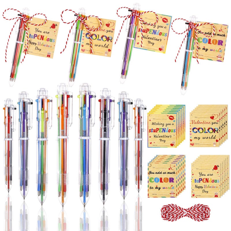 TOHONGADON 24 Set Valentine's Day Pens for Kids, Wooden Valentine Tags and Ballpoint Pen, 0.7mm 6-in-1 Retractable Multicolor Ballpoint Pens with Greeting Cards for Valentine Party School Classroom - Image 1
