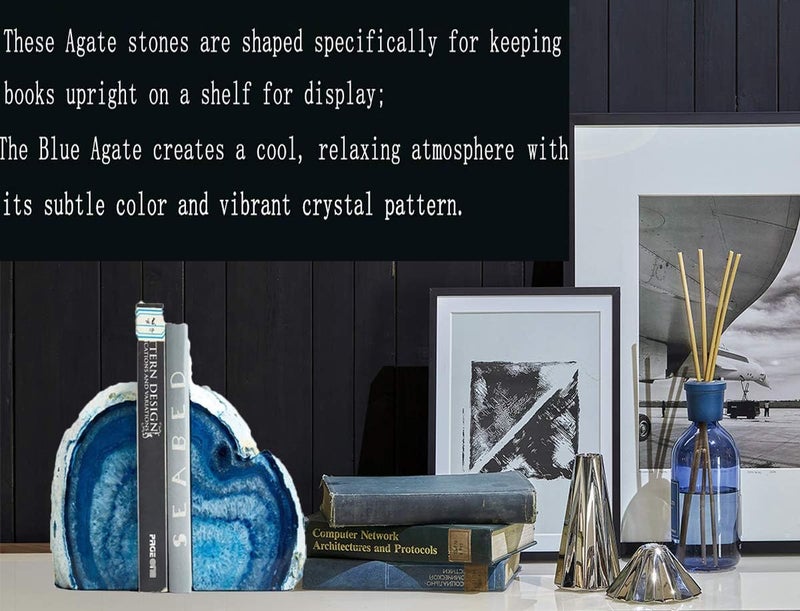 JIC Gem Blue Agate Bookends Geode Book Ends for Shelves Decorative Crystal Bookends Heavy Duty Bookend Bookshelf Decor with Rubber Bumpers(1 Pair, 3-4 LBS) - Image 5