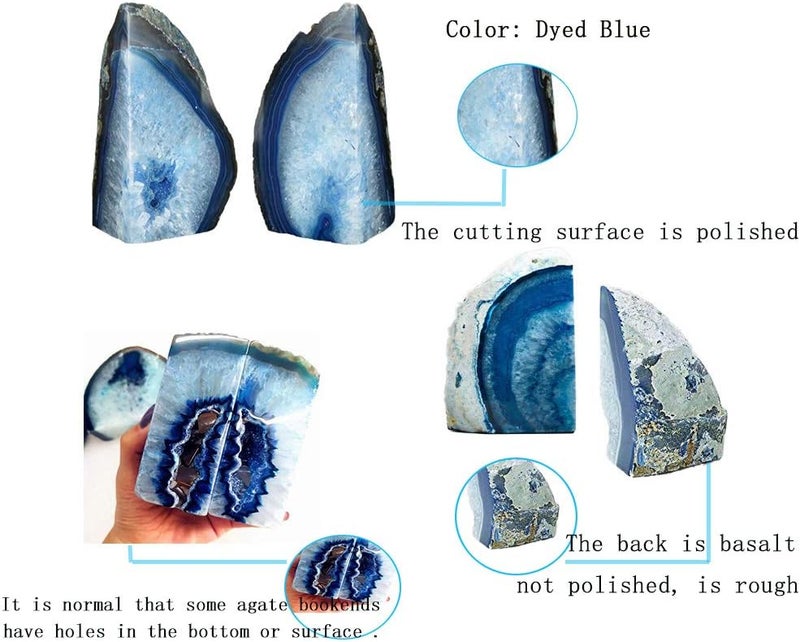 JIC Gem Blue Agate Bookends Geode Book Ends for Shelves Decorative Crystal Bookends Heavy Duty Bookend Bookshelf Decor with Rubber Bumpers(1 Pair, 3-4 LBS) - Image 3