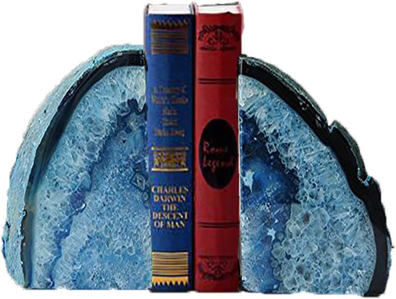 JIC Gem Blue Agate Bookends Geode Book Ends for Shelves Decorative Crystal Bookends Heavy Duty Bookend Bookshelf Decor with Rubber Bumpers(1 Pair, 3-4 LBS) - Image 1