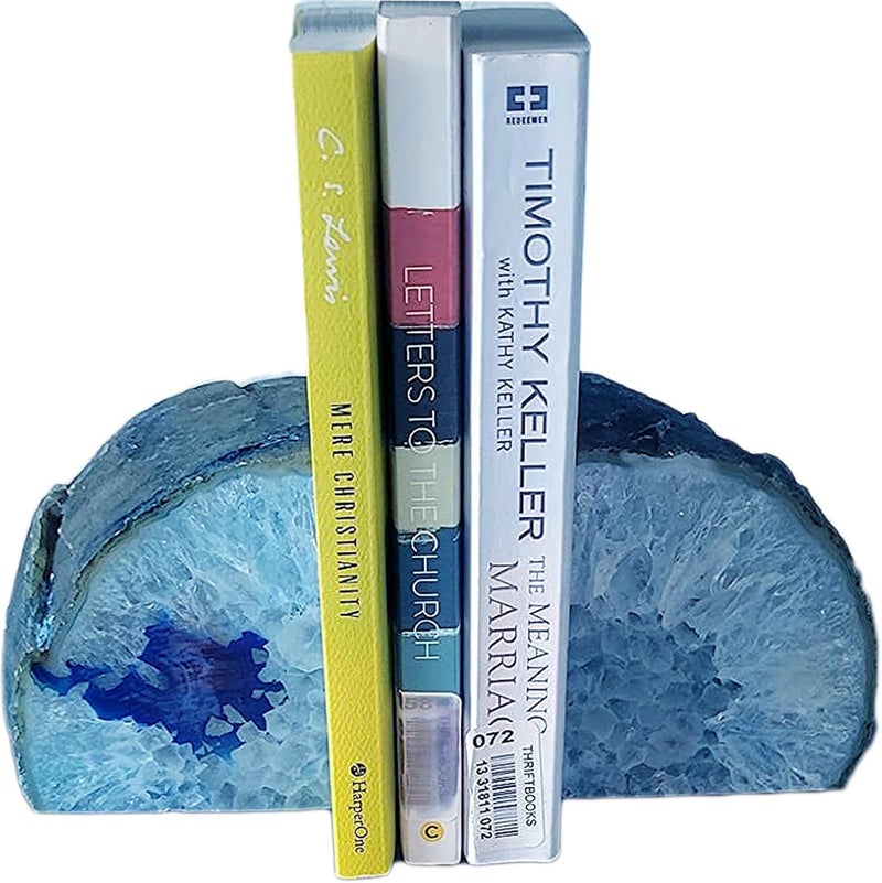 JIC Gem Blue Agate Bookends Geode Book Ends for Shelves Decorative Crystal Bookends Heavy Duty Bookend Bookshelf Decor with Rubber Bumpers(1 Pair, 3-4 LBS) - Image 2