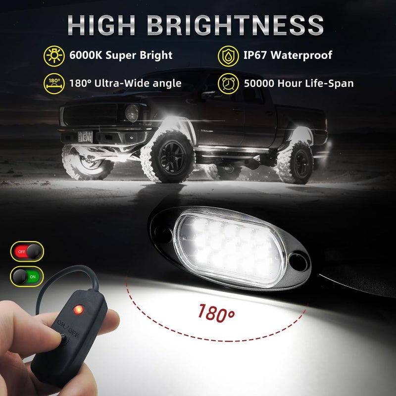 TDE Explorer.Lighting 6 Pods White LED Rock Lights with Switch Extension Harness, 6000K 24 LEDs Pure White Neon Underglow Light for ATV SUV UTV RZR SXS Car Trailer Truck, IP68 Waterproof Under Trail Rig Fender Lighting - Image 2