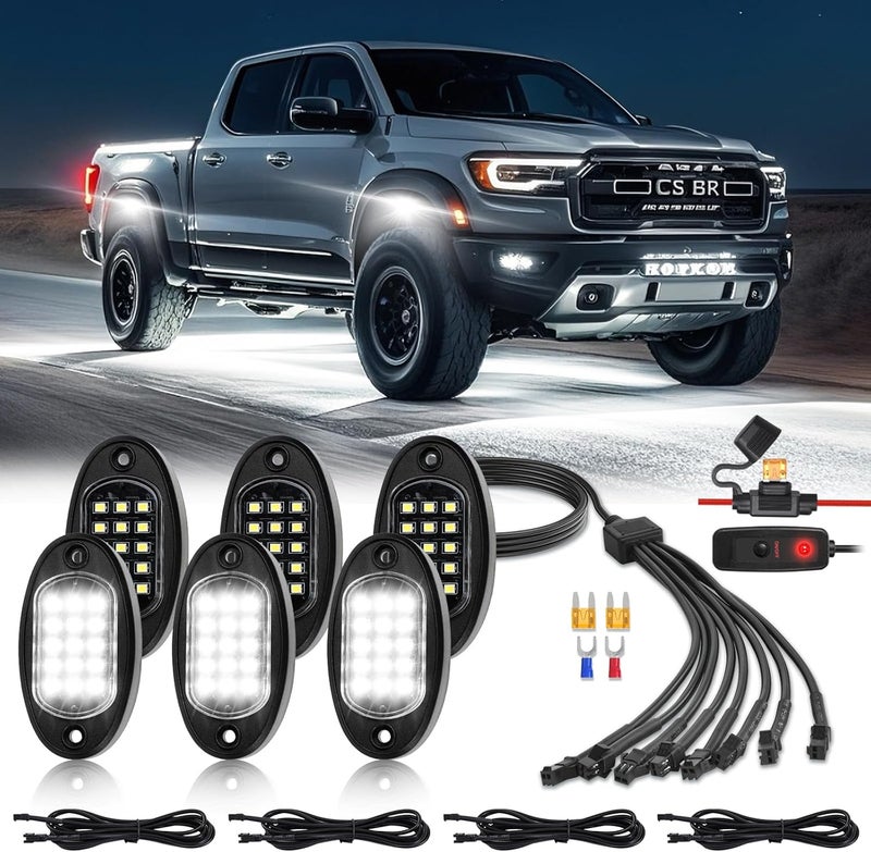 TDE Explorer.Lighting 6 Pods White LED Rock Lights with Switch Extension Harness, 6000K 24 LEDs Pure White Neon Underglow Light for ATV SUV UTV RZR SXS Car Trailer Truck, IP68 Waterproof Under Trail Rig Fender Lighting - Image 1
