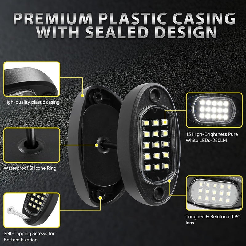 TDE Explorer.Lighting 6 Pods White LED Rock Lights with Switch Extension Harness, 6000K 24 LEDs Pure White Neon Underglow Light for ATV SUV UTV RZR SXS Car Trailer Truck, IP68 Waterproof Under Trail Rig Fender Lighting - Image 4