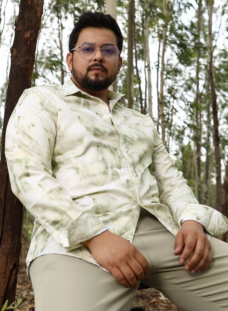 انستافاب بلس Instafab Men's Saltbox Beige Faded-Waterstrokes Imprint Shirt | Spread Collar , Long Cuffed Sleeves , Button Closure | Abstract Print Waffle | Polyester Blend Shirt For Casual Wear