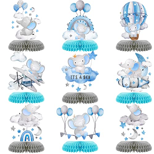 Tarklanda 9 Pcs Elephant Baby Shower Honeycomb Centerpieces Party Decor for BoysCute Blue Elephant Honeycomb Balloons Star Moon Topper 3D Table Decoration for Kids Party Baby Shower Party Photo Props Supplies - Image 1