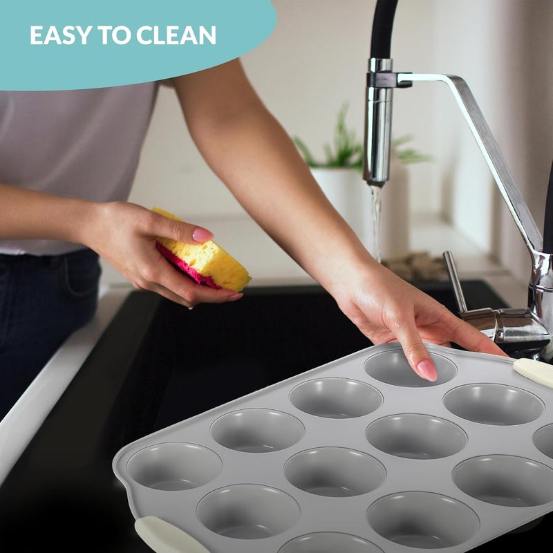 Boxiki Kitchen 12 Cups Ceramic Coated Muffin Pan for Baking - Durable Steel Frame Cupcake Pan w/Nonstick Surface - Professional Muffin Tray with Silicone Handles - Image 3