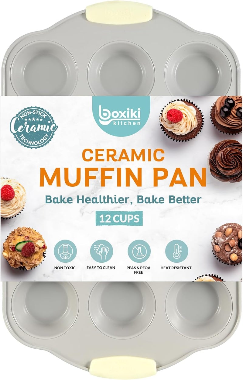 Boxiki Kitchen 12 Cups Ceramic Coated Muffin Pan for Baking - Durable Steel Frame Cupcake Pan w/Nonstick Surface - Professional Muffin Tray with Silicone Handles - Image 1