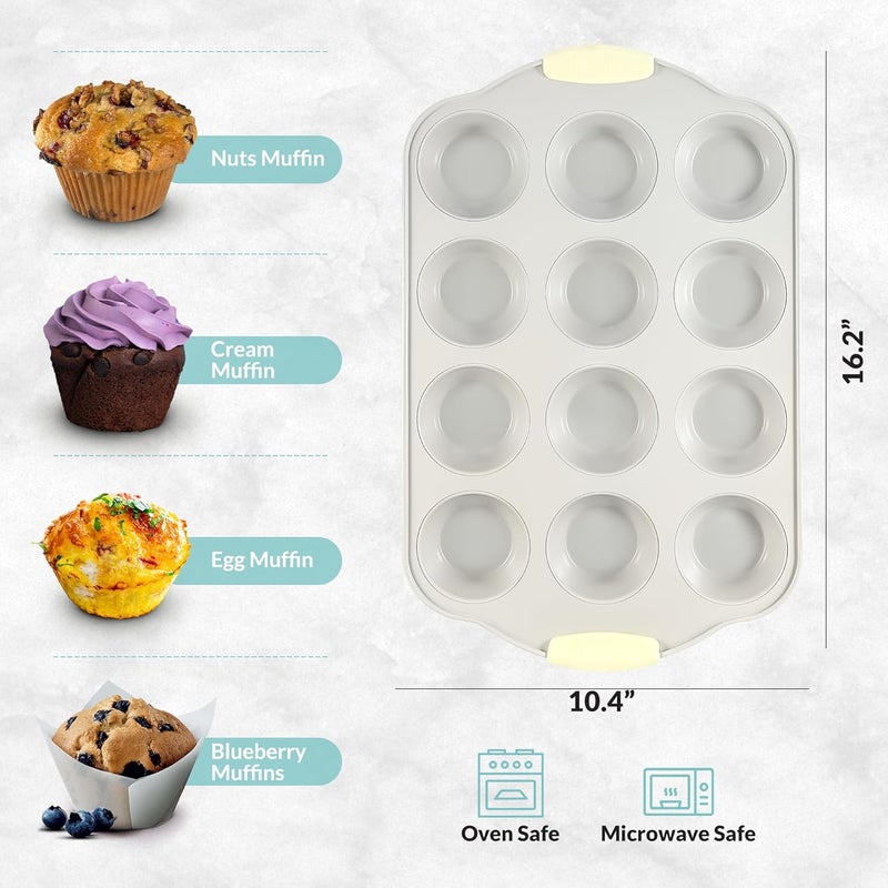 Boxiki Kitchen 12 Cups Ceramic Coated Muffin Pan for Baking - Durable Steel Frame Cupcake Pan w/Nonstick Surface - Professional Muffin Tray with Silicone Handles - Image 4