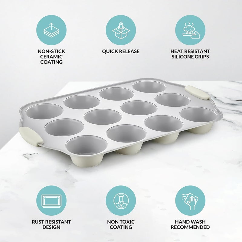 Boxiki Kitchen 12 Cups Ceramic Coated Muffin Pan for Baking - Durable Steel Frame Cupcake Pan w/Nonstick Surface - Professional Muffin Tray with Silicone Handles - Image 5