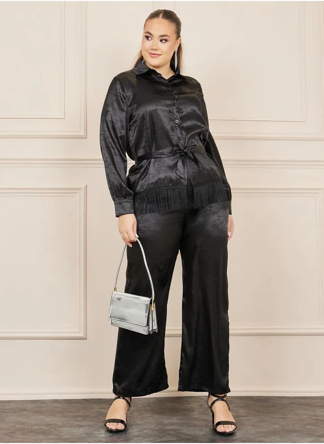 Styli Plus Satin Jacquard Tassel Hem Shirt and Wide Leg Pant with Self Tie Up Set