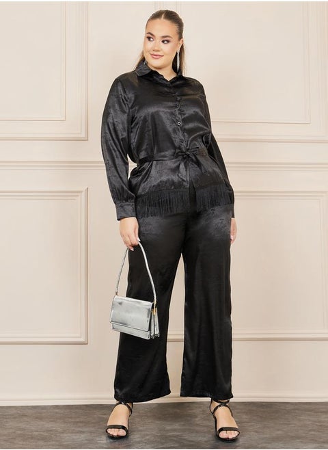 Plus Satin Jacquard Tassel Hem Shirt and Wide Leg Pant with Self Tie Up Set